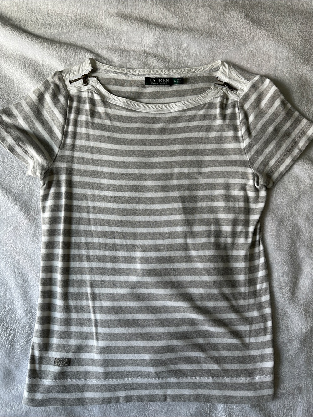 Lauren Ralph Lauren White and Gray Striped Short Sleeve Knit Top